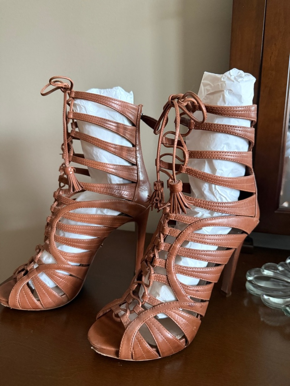Prada Tan Brown Strappy Gladiator Lace-Up Heels - Picture 2 of 11